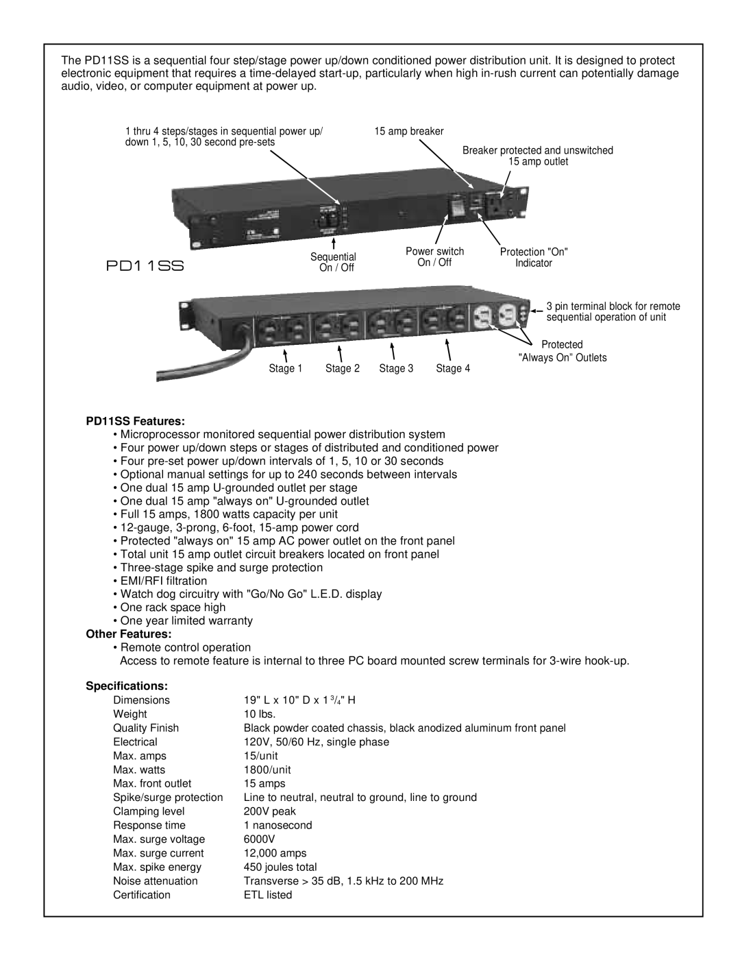 ETA Systems PD11P, PD11VP, PD11SP, PD11LVP, PD11LP, PD11LVSP owner manual PD11SS Features, Other Features 