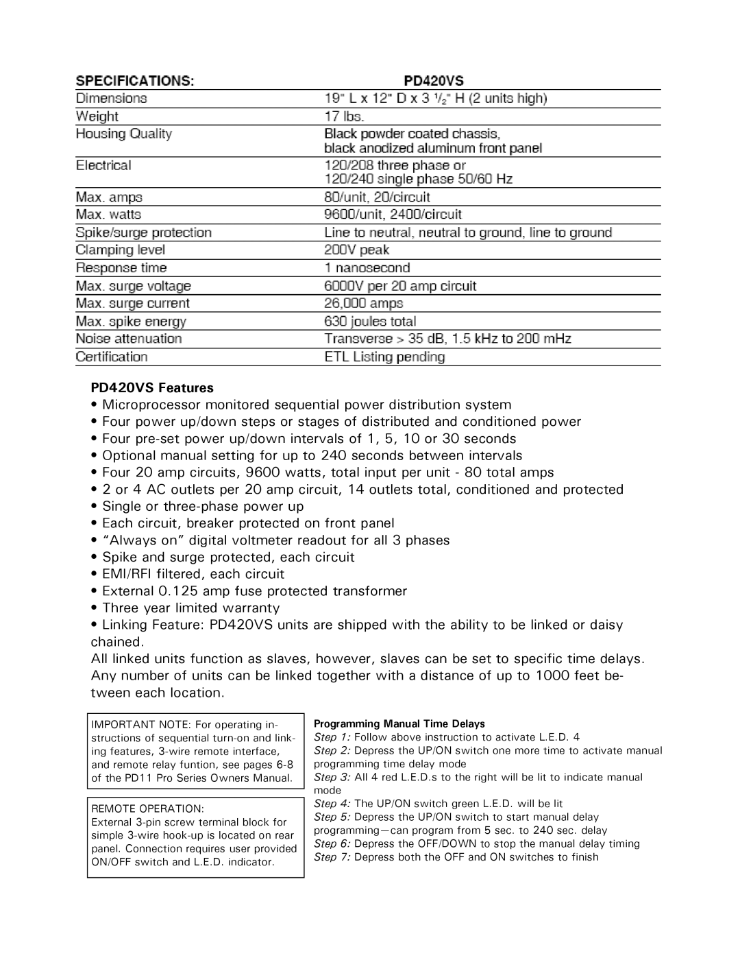 ETA Systems owner manual PD420VS Features, Programming Manual Time Delays 