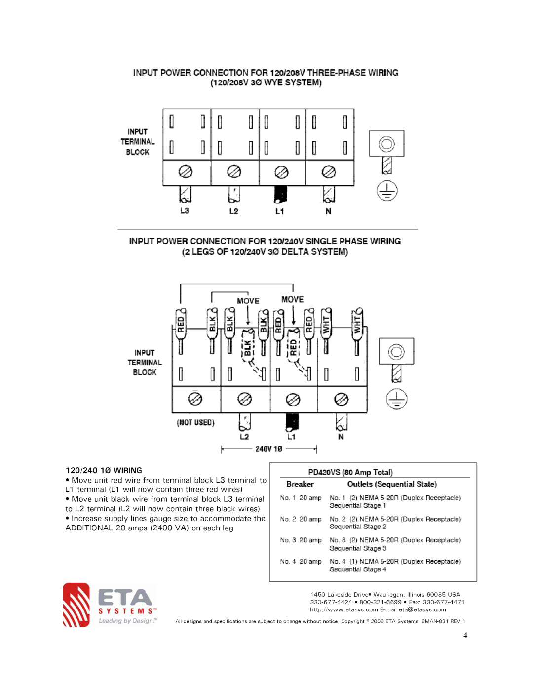 ETA Systems PD420VS owner manual 120/240 1Ø Wiring 