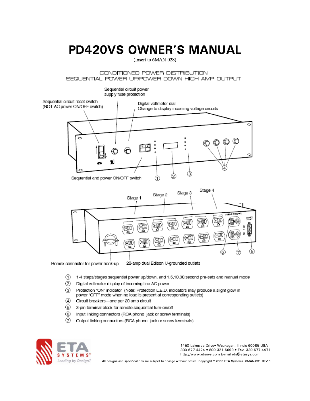 ETA Systems owner manual PD420VS OWNER’S MANUAL, Insert to 6MAN-028 