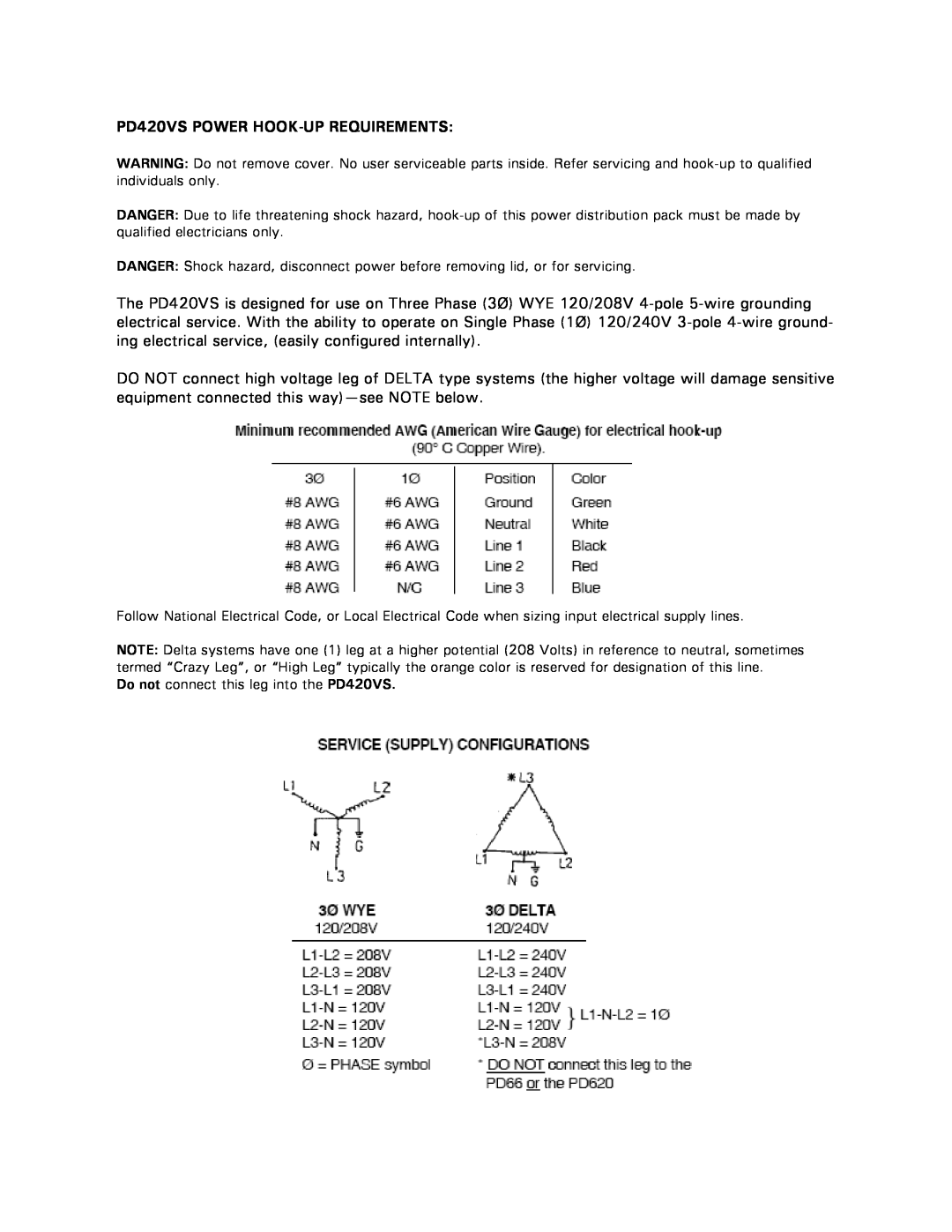 ETA Systems owner manual PD420VS POWER HOOK-UP REQUIREMENTS 