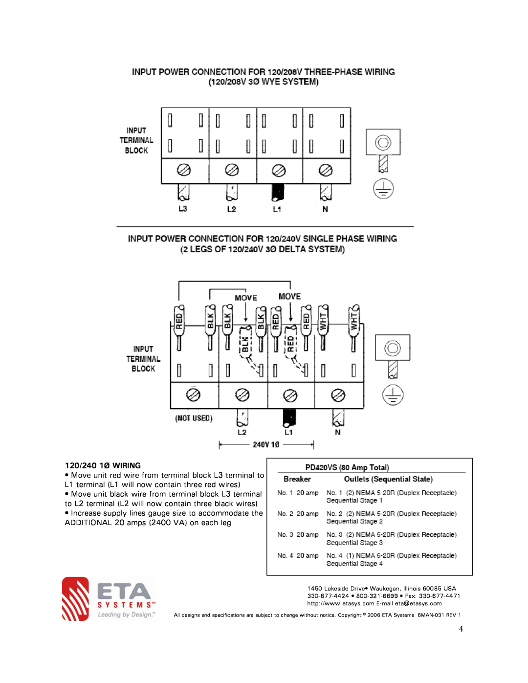 ETA Systems PD420VS owner manual 120/240 1Ø WIRING 