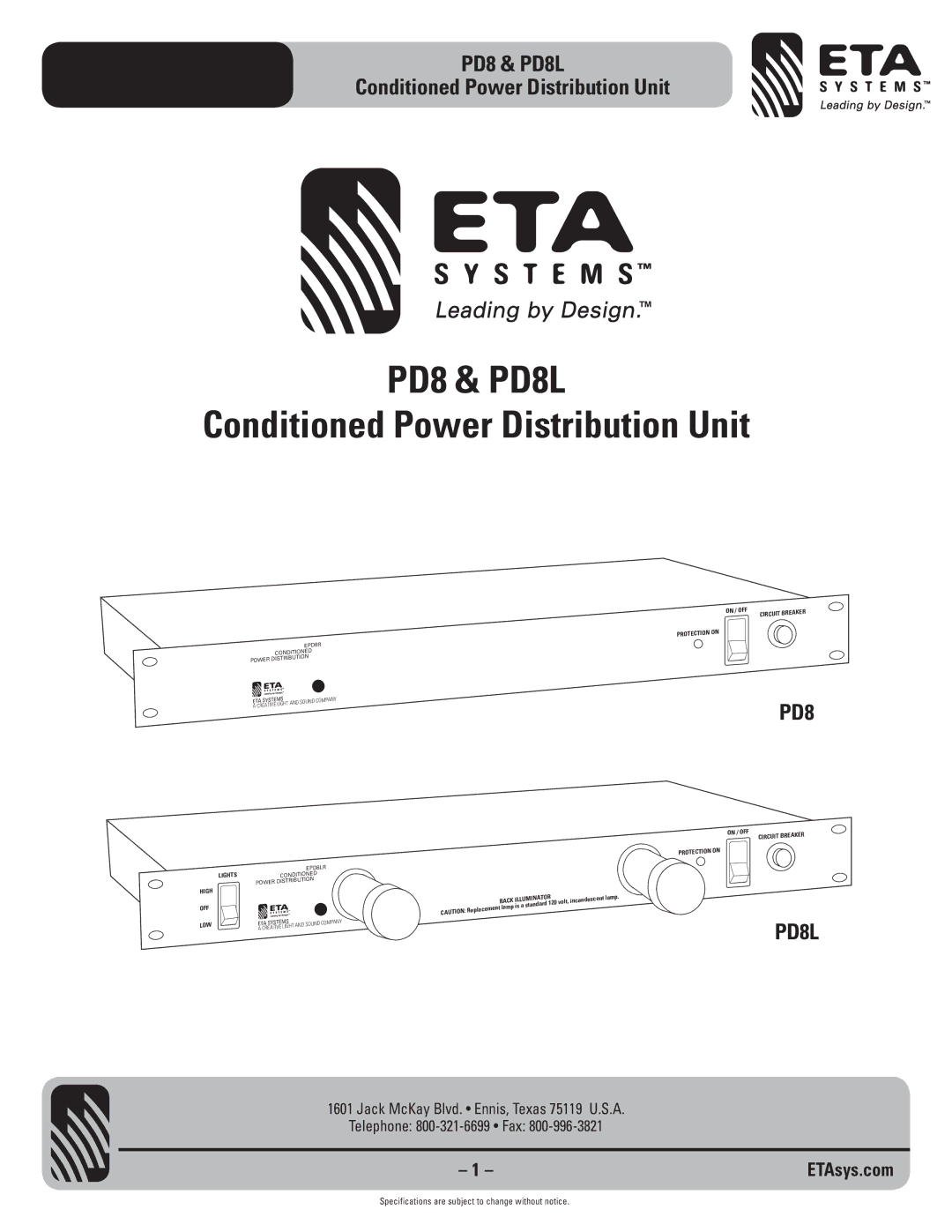 ETA Systems specifications PD8 & PD8L Conditioned Power Distribution Unit 