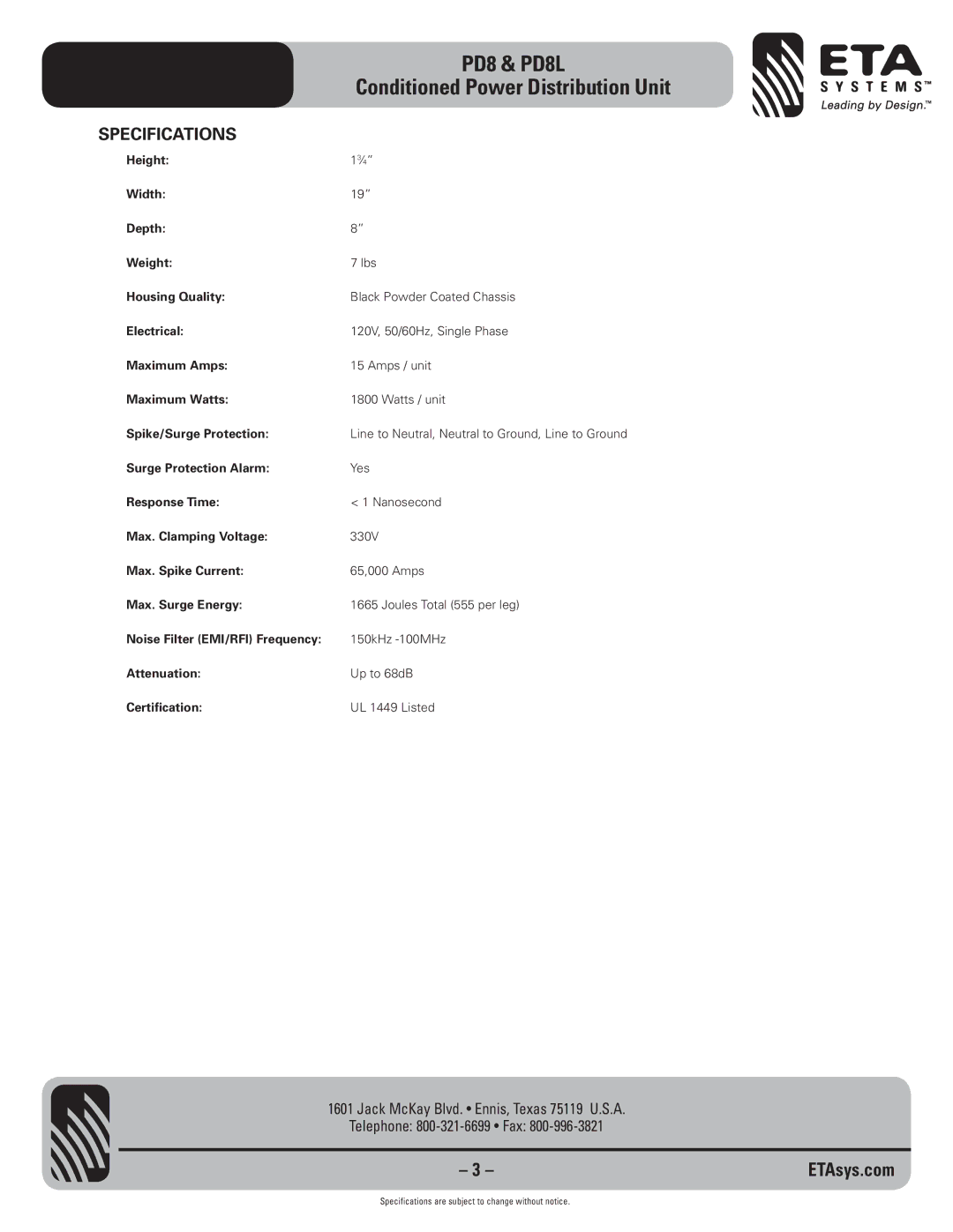 ETA Systems specifications PD8 & PD8L, Specifications 