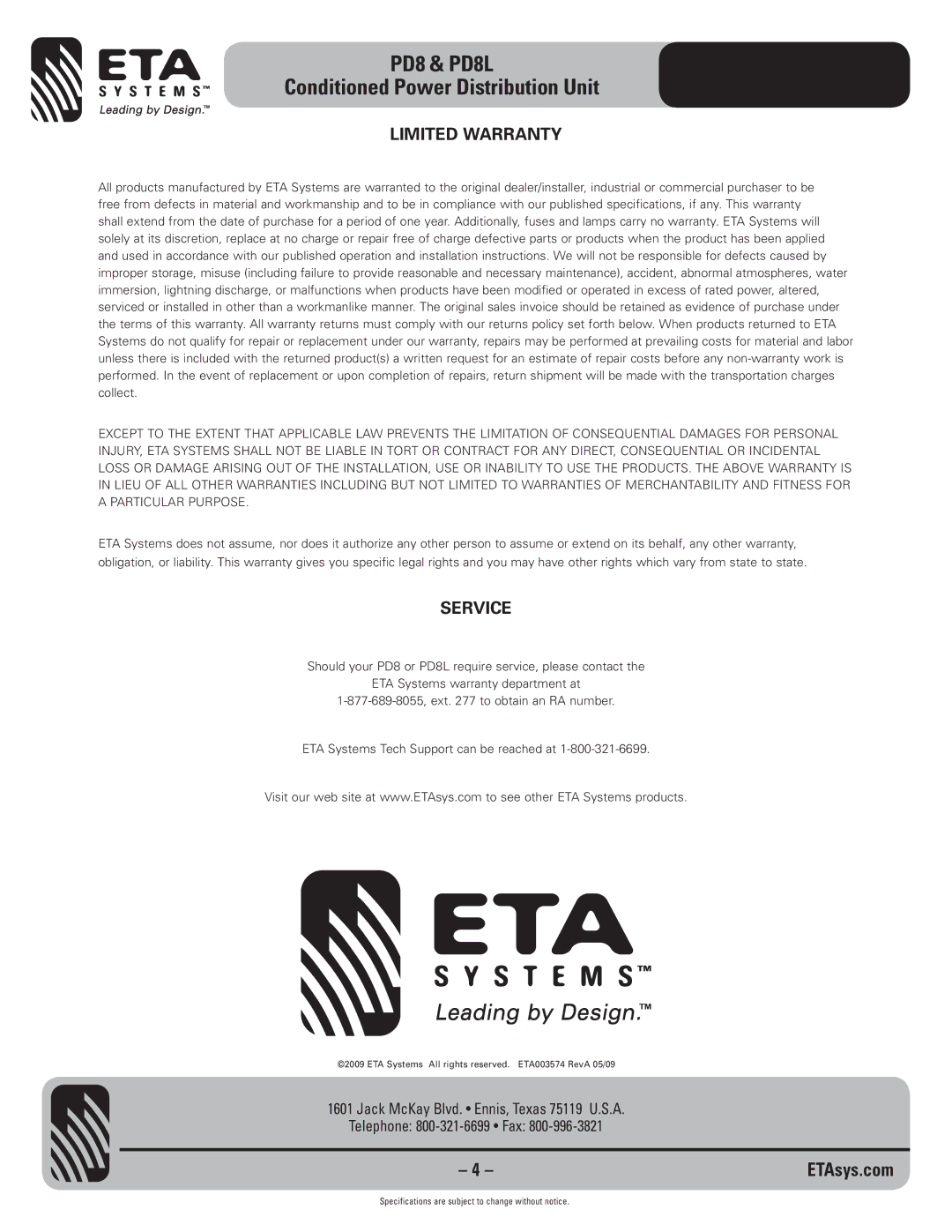 ETA Systems PD8L specifications Limited Warranty, Service 