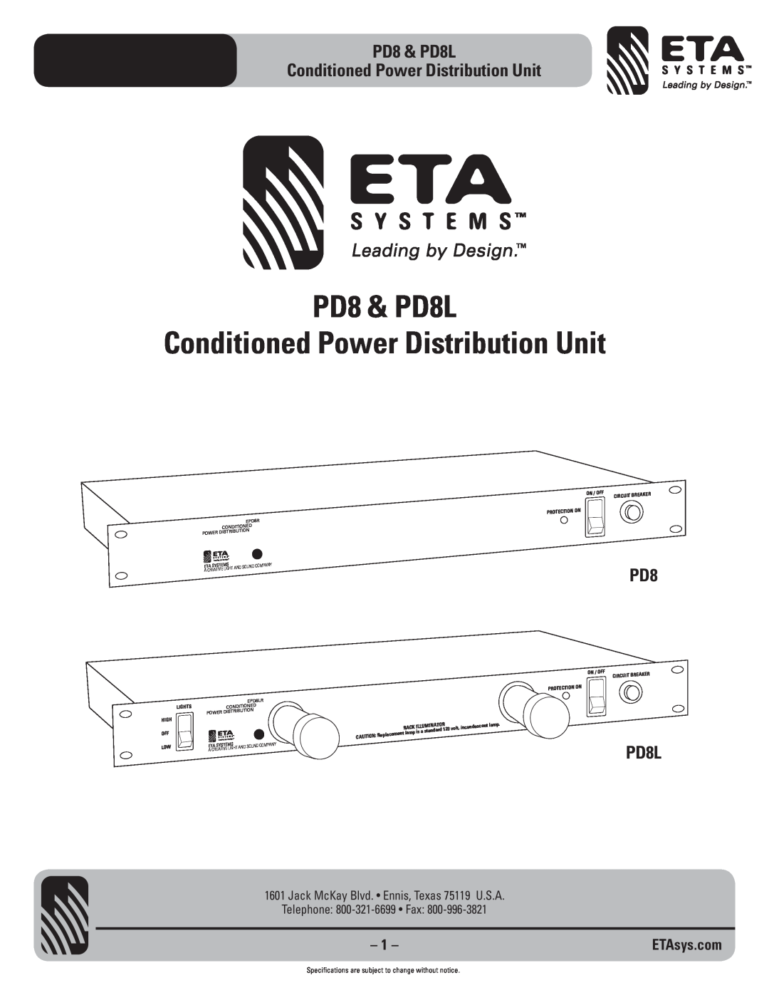 ETA Systems specifications PD8 & PD8L Conditioned Power Distribution Unit, EPD8R, Telephone 800-321-6699 Fax, EPD8LR 