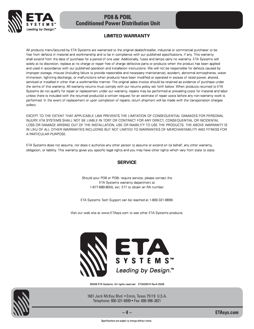 ETA Systems Limited Warranty, Service, PD8 & PD8L Conditioned Power Distribution Unit, Telephone 800-321-6699 Fax 