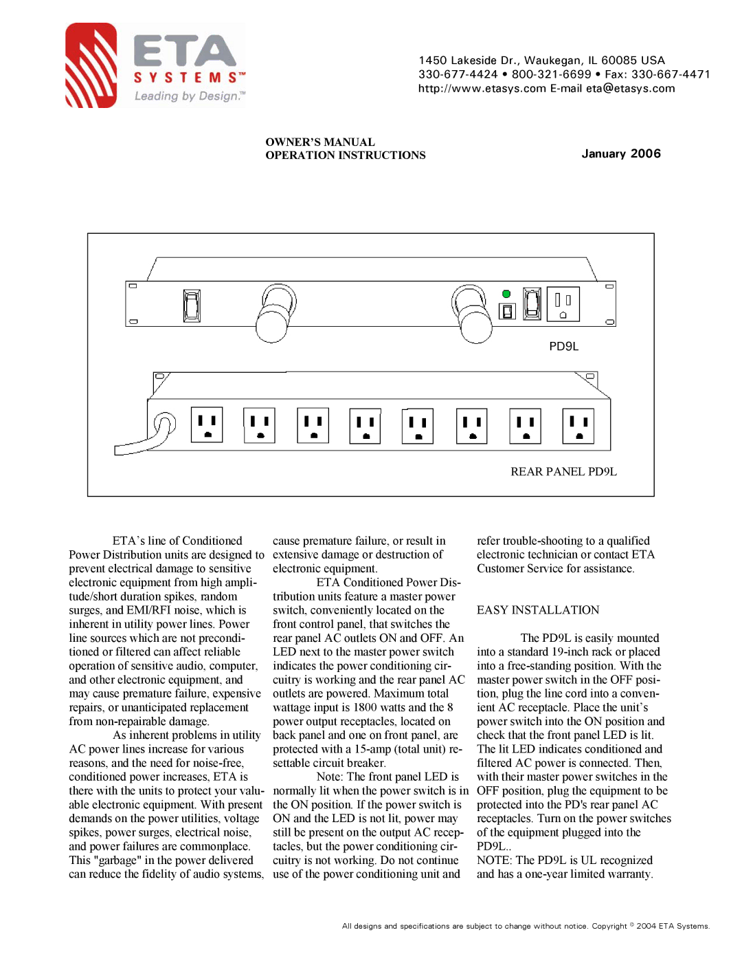 ETA Systems owner manual January, Operation Instructions, Rear Panel PD9L, Easy Installation 