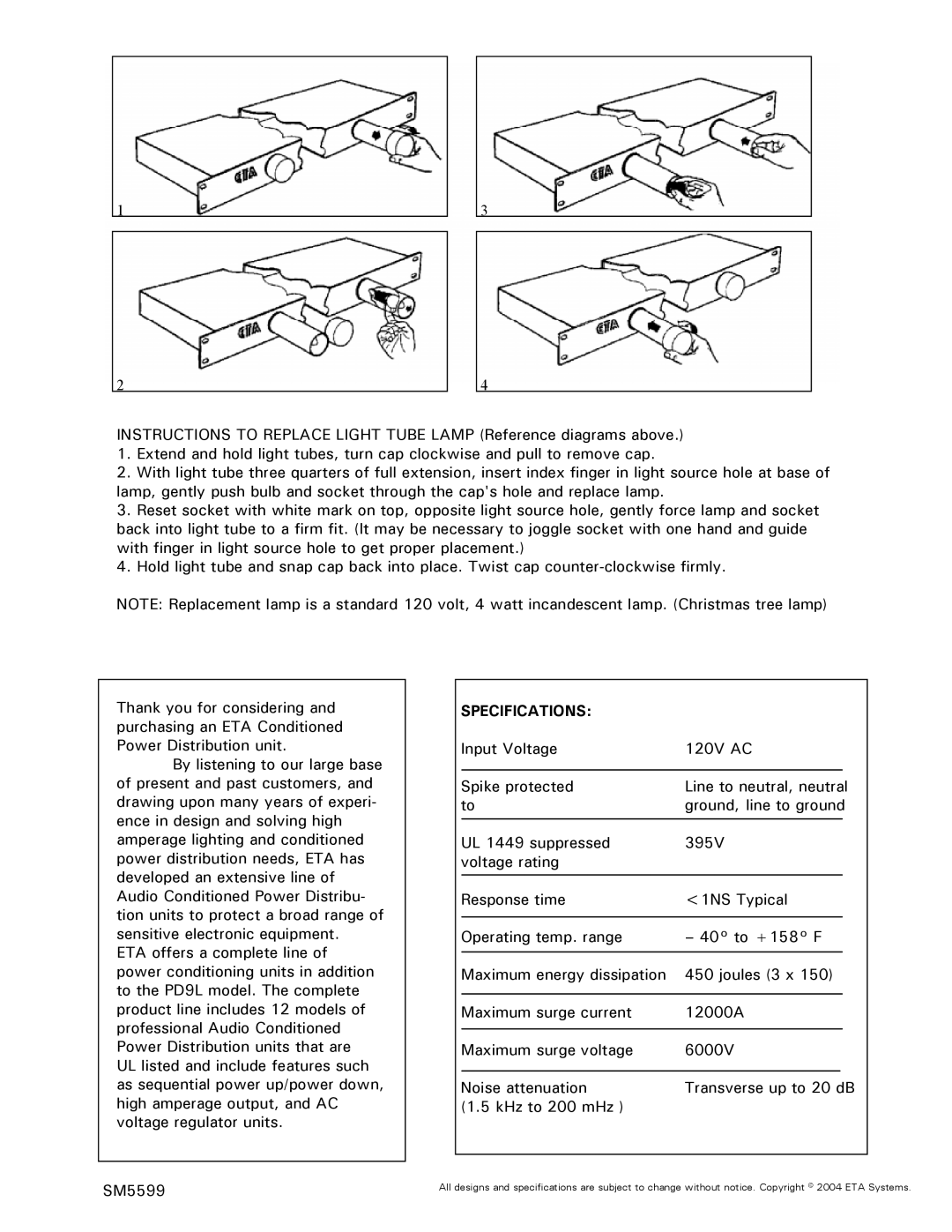 ETA Systems PD9L owner manual Specifications 