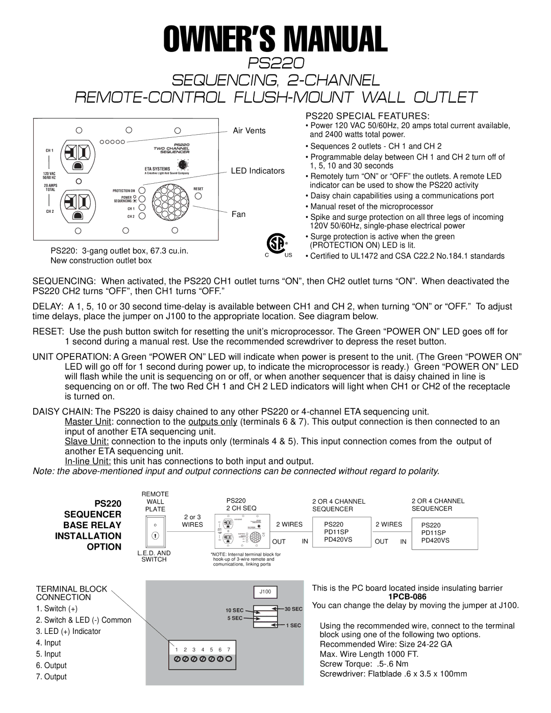 ETA Systems owner manual PS220 Special Features, Sequencer Base Relay Installation Option, Terminal Block Connection 