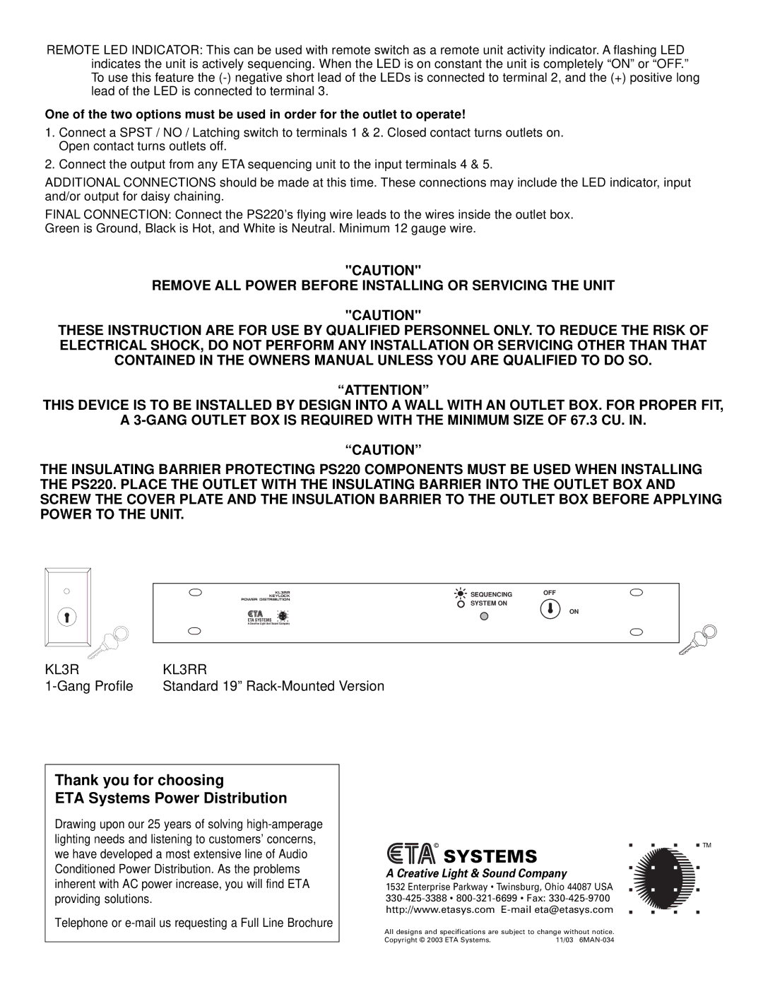 ETA Systems PS220 owner manual Thank you for choosing ETA Systems Power Distribution, Creative Light & Sound Company 