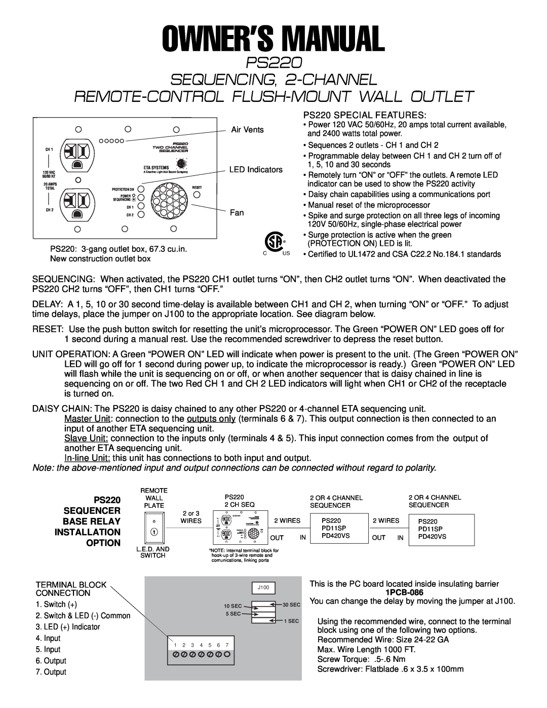 ETA Systems owner manual PS220 SEQUENCING, 2-CHANNEL REMOTE-CONTROL FLUSH-MOUNT WALL OUTLET 