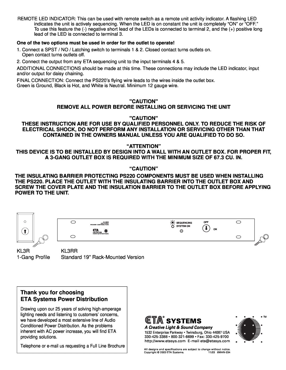 ETA Systems PS220 owner manual Thank you for choosing ETA Systems Power Distribution 