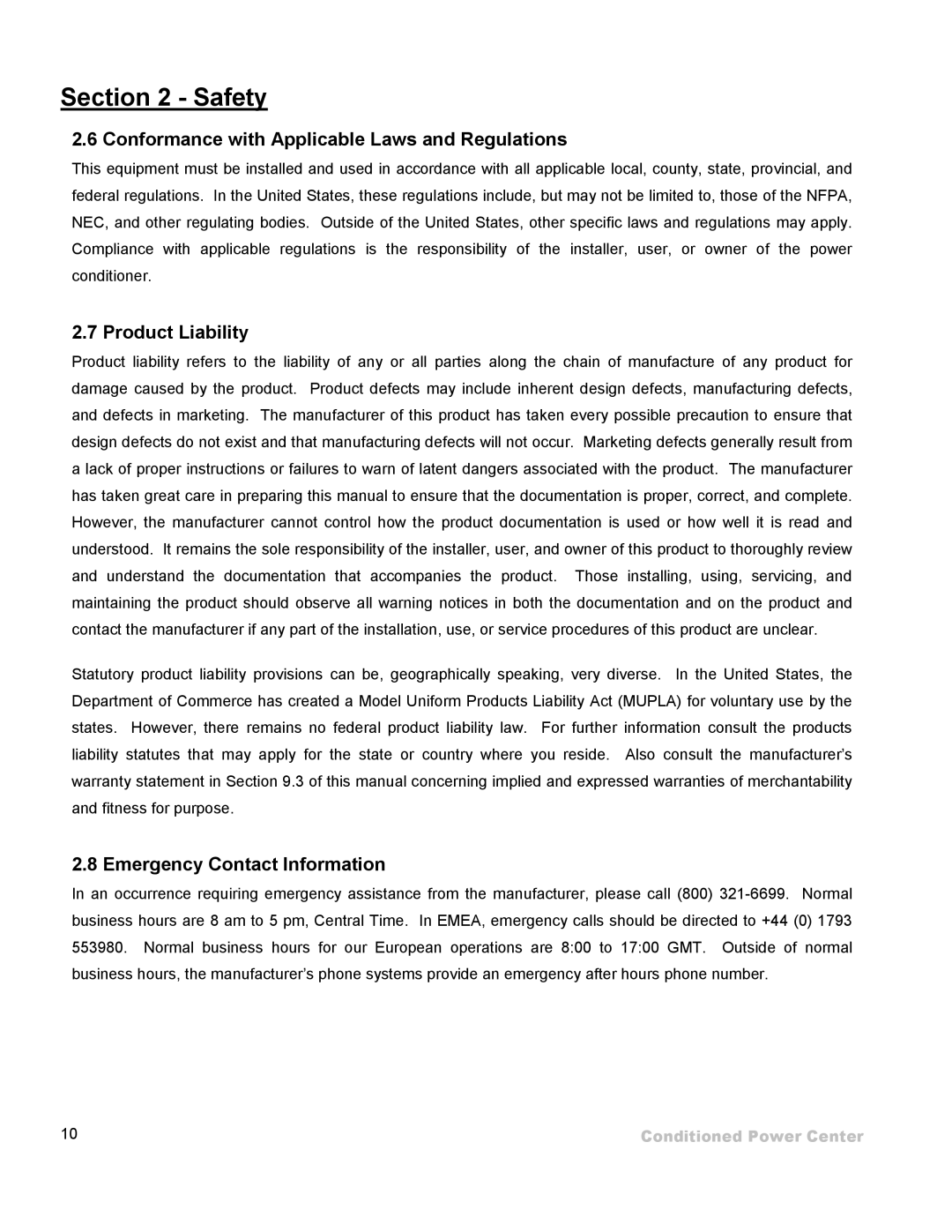 ETA Systems SM5505 Conformance with Applicable Laws and Regulations, Product Liability, Emergency Contact Information 