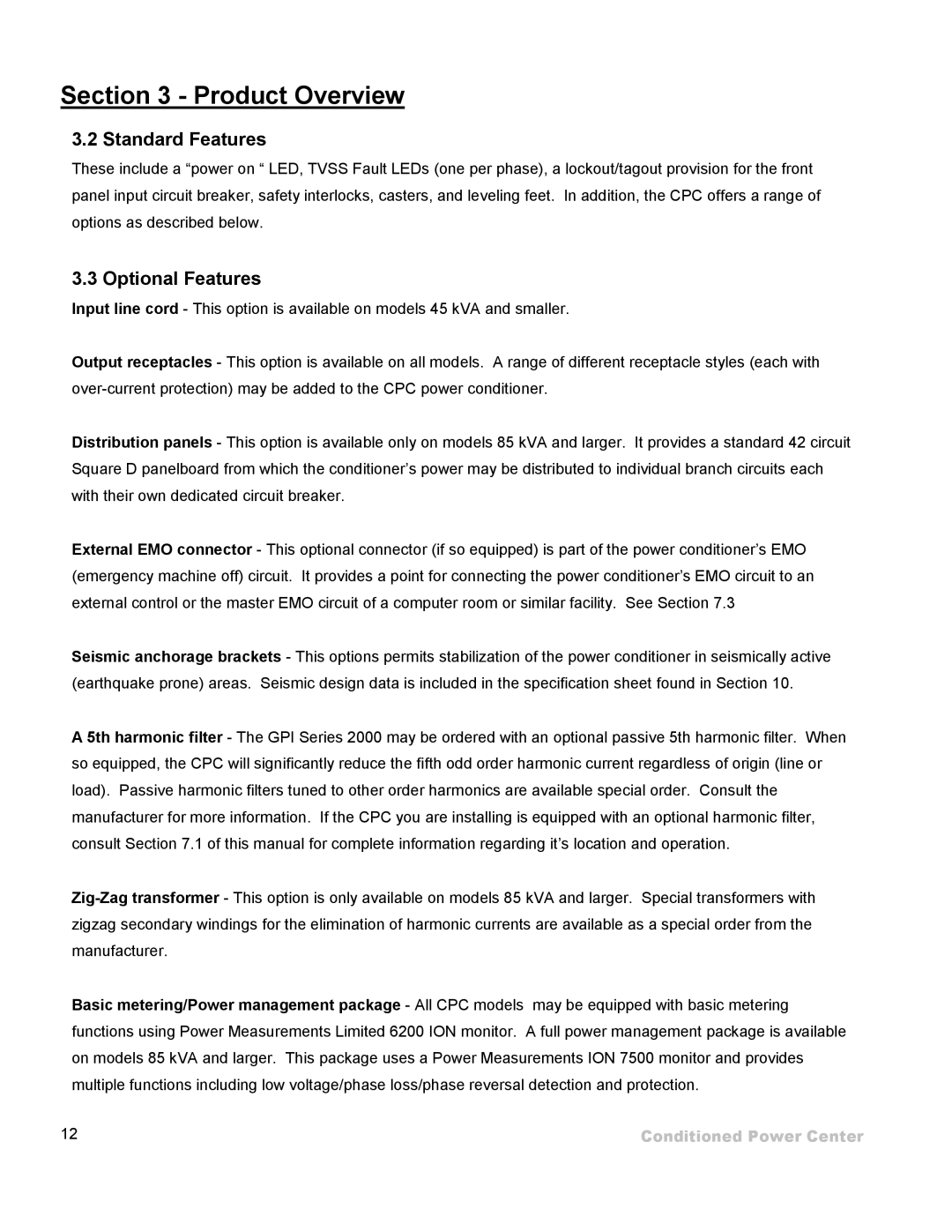 ETA Systems SM5505 manual Standard Features, Optional Features 