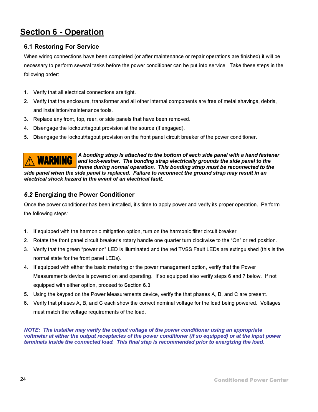 ETA Systems SM5505 manual Operation, Restoring For Service, Energizing the Power Conditioner 