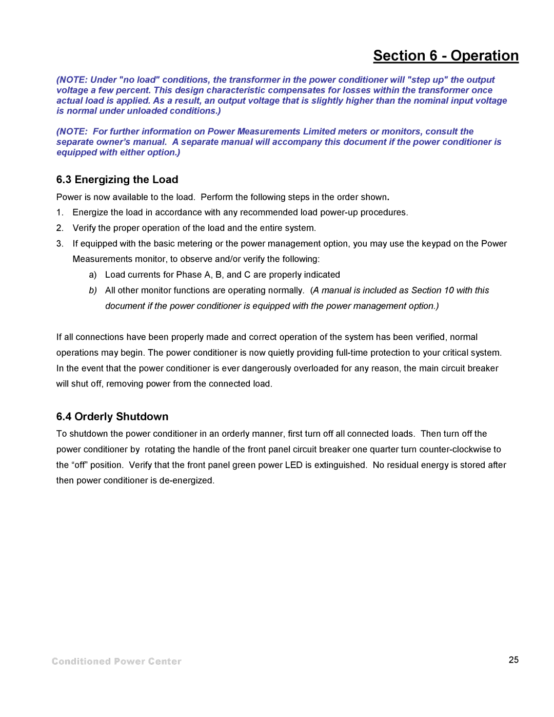 ETA Systems SM5505 manual Energizing the Load, Orderly Shutdown 