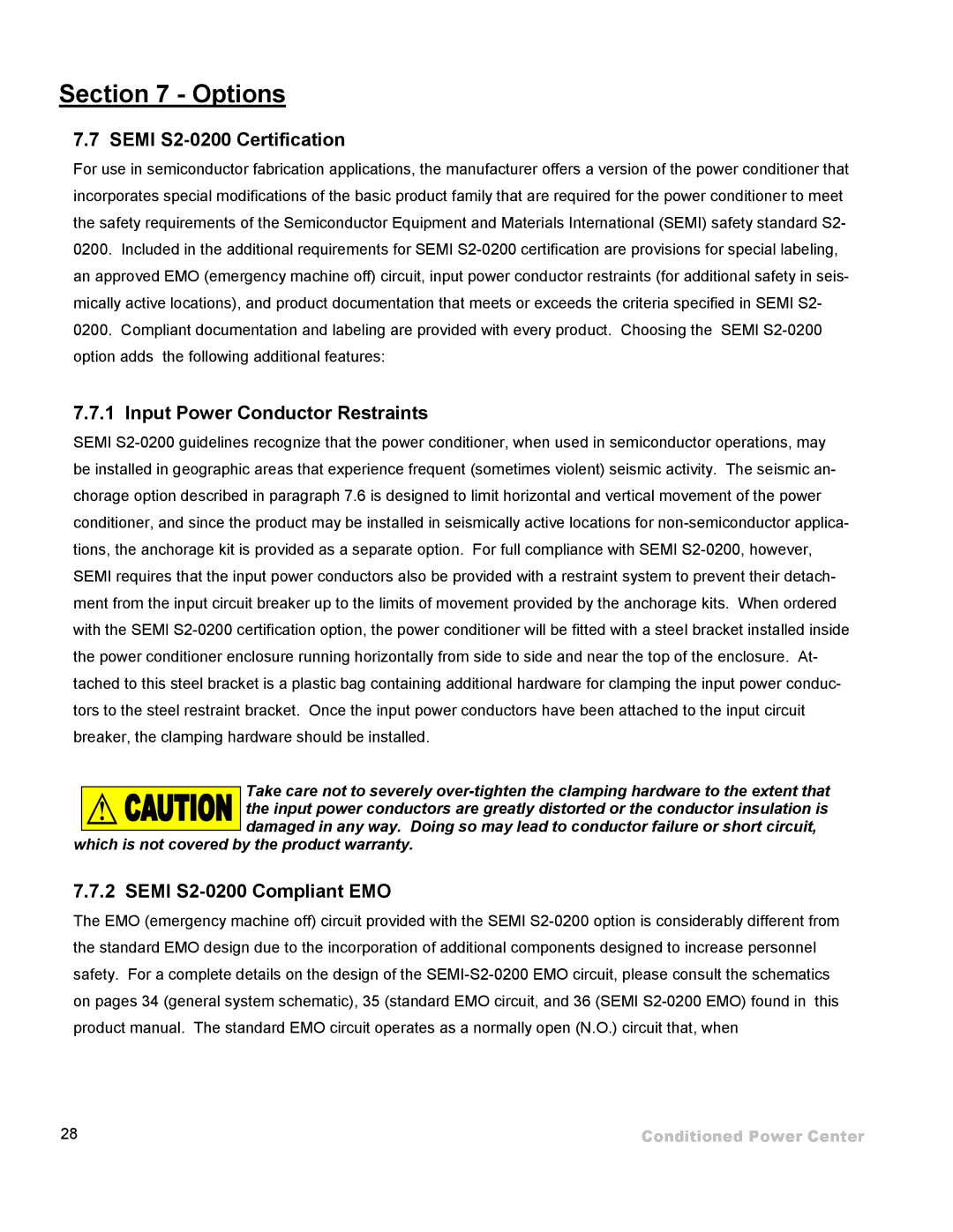 ETA Systems SM5505 manual Semi S2-0200 Certification, Input Power Conductor Restraints, Semi S2-0200 Compliant EMO 