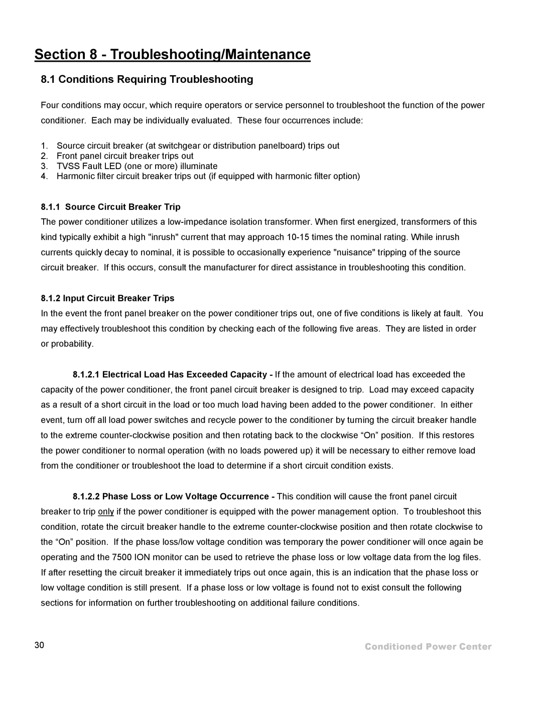 ETA Systems SM5505 manual Troubleshooting/Maintenance, Conditions Requiring Troubleshooting, Source Circuit Breaker Trip 