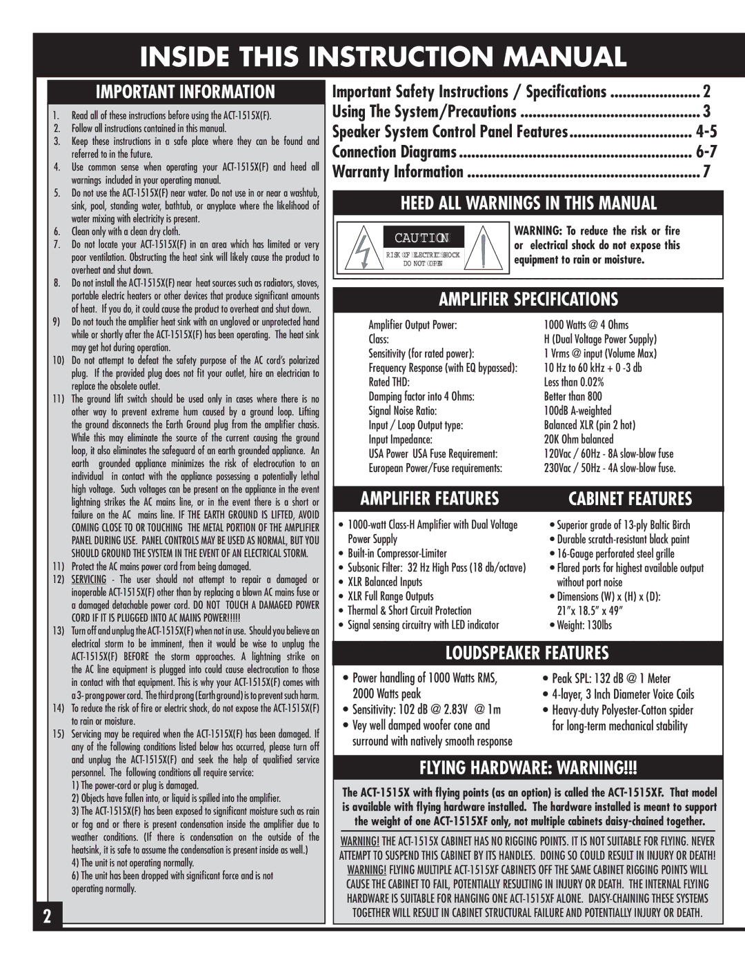 ETI Sound Systems, INC ACT-1515X(F) manual Amplifier Specifications, Loudspeaker Features, Flying Hardware Warning 