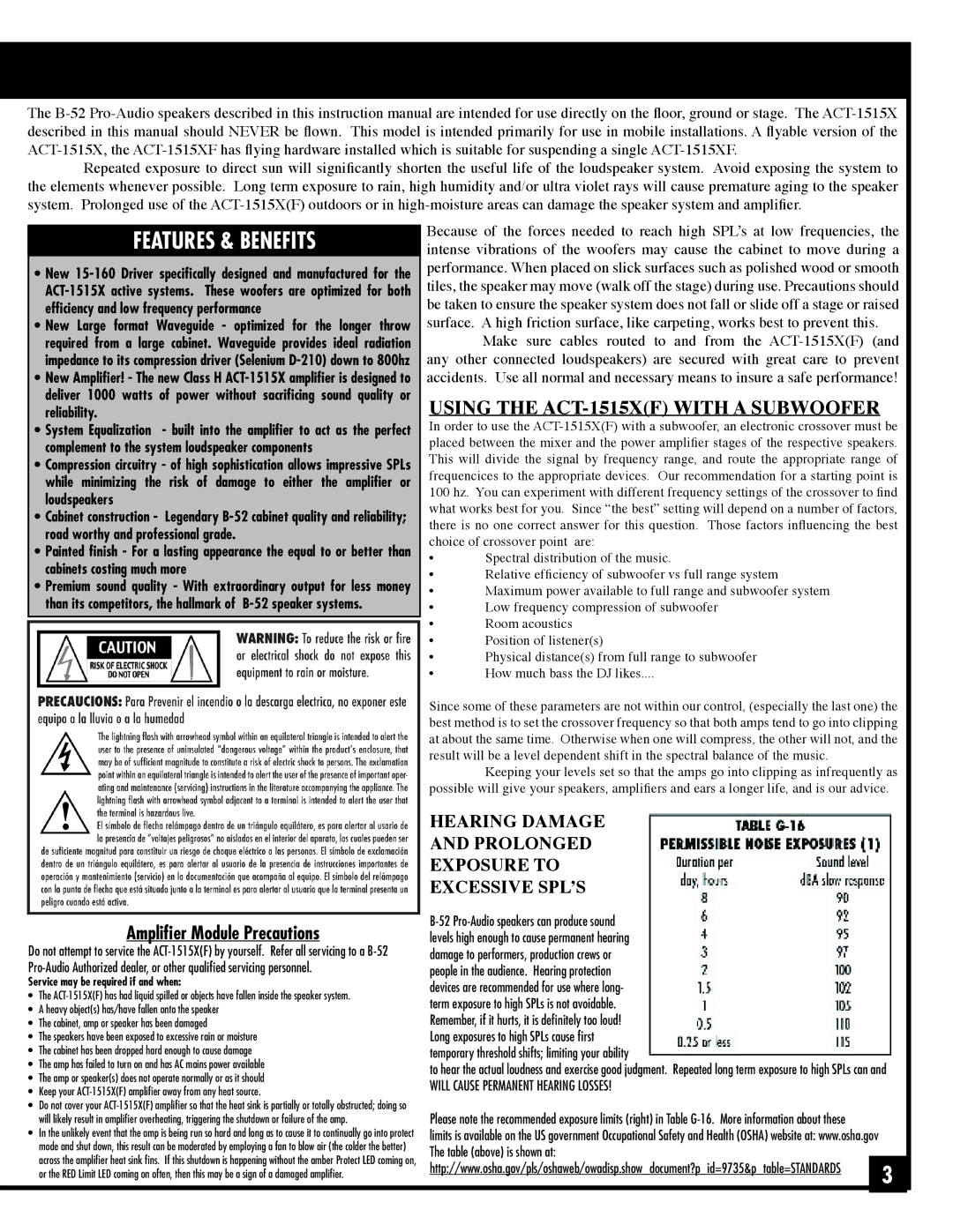 ETI Sound Systems, INC ACT-1515X(F) manual Features & Benefits, Will Cause Permanent Hearing Losses 