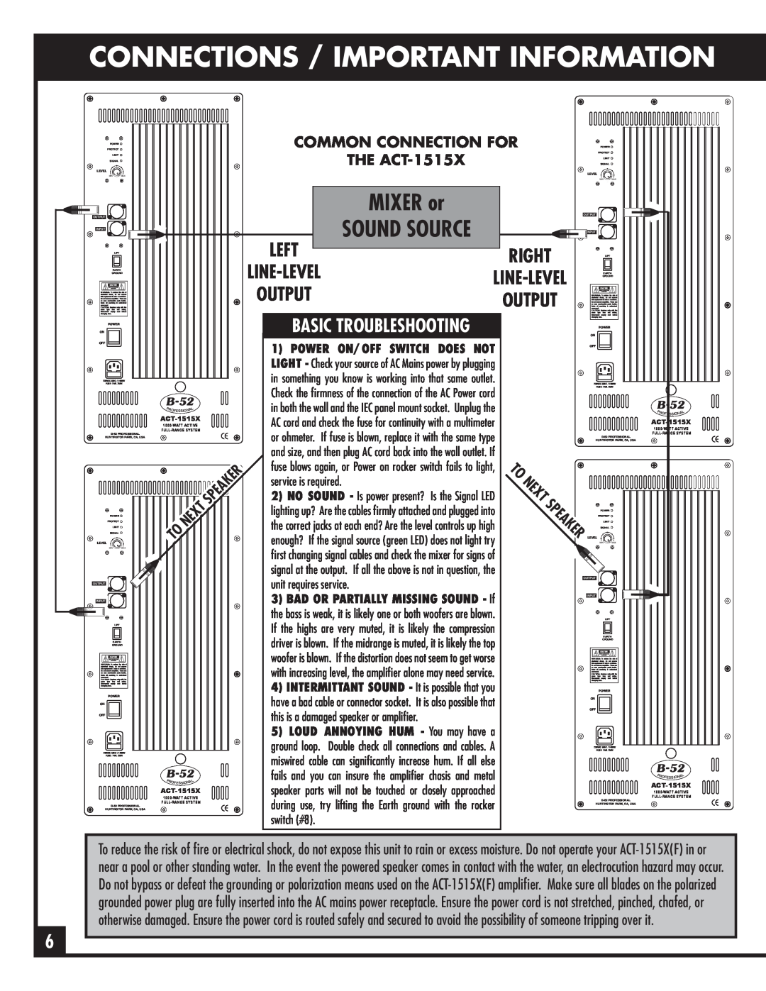 ETI Sound Systems, INC ACT-1515X(F) manual Connections / Important Information, COMMON CONNECTION FOR THE ACT-1515X 