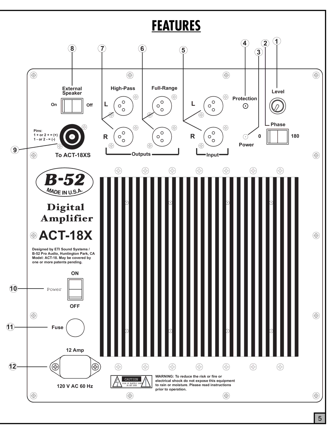 ETI Sound Systems, INC ACT-18X manual Features, Off 