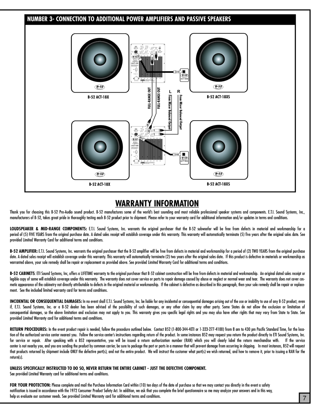 ETI Sound Systems, INC ACT-18X manual Warranty Information, Full-Range Out 