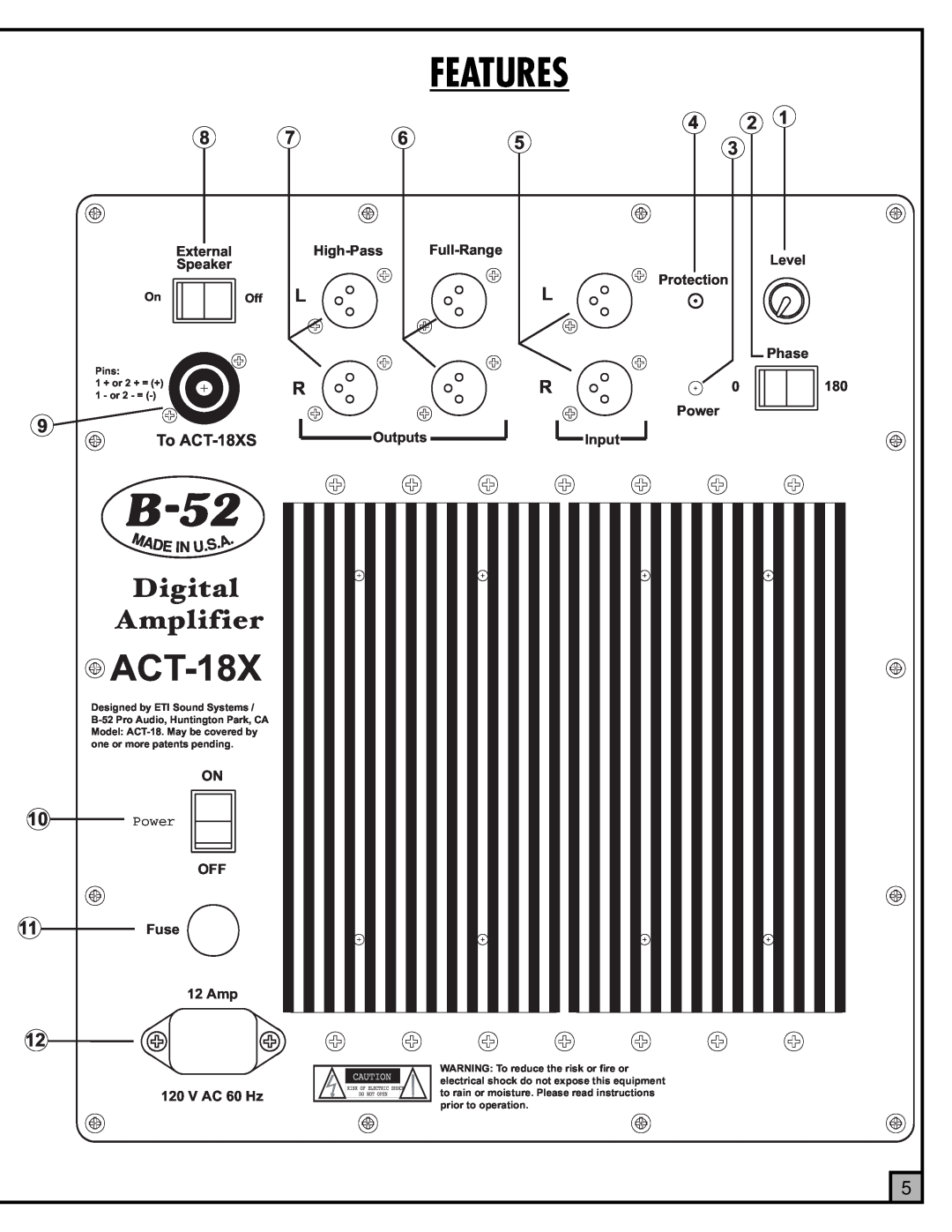 ETI Sound Systems, INC ACT-18X manual B-52, Features, Digital, Amplifier 