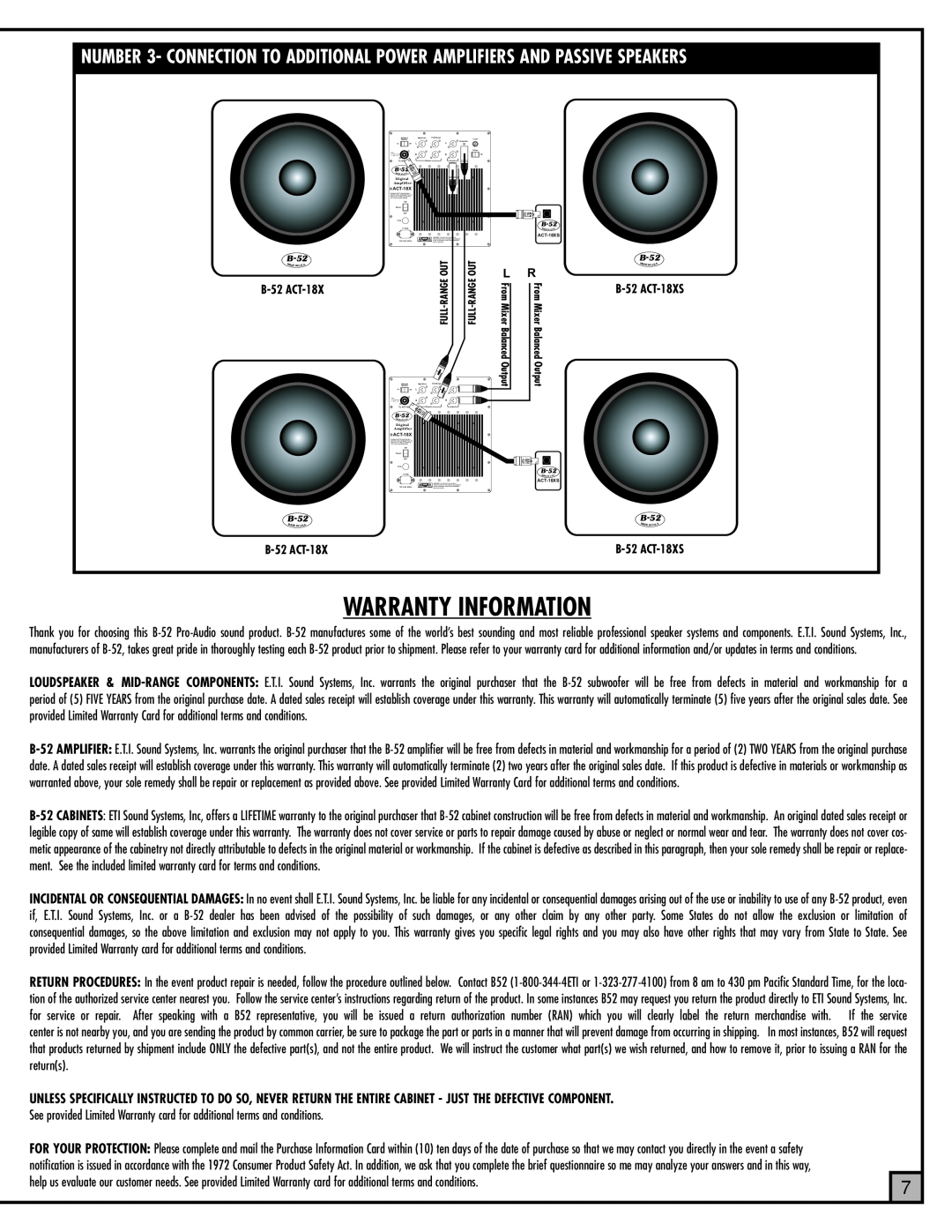 ETI Sound Systems, INC manual Warranty Information, B-52 ACT-18XS 
