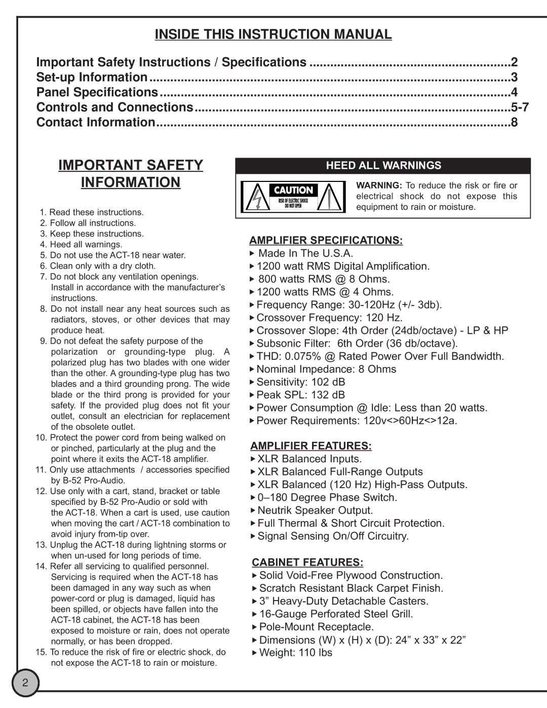 ETI Sound Systems, INC ACT18 manual Important Safety Information, Heed ALL Warnings 