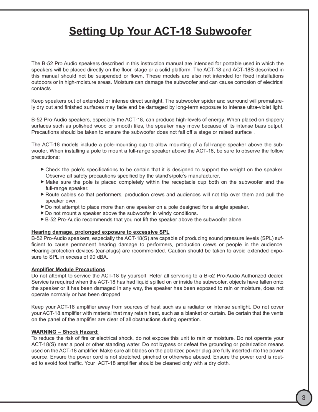 ETI Sound Systems, INC ACT18 manual Setting Up Your ACT-18 Subwoofer 