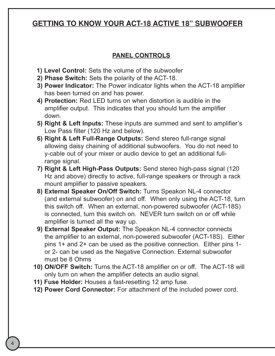 ETI Sound Systems, INC ACT18 manual Getting to Know Your ACT-18 Active 18 Subwoofer, Panel Controls 