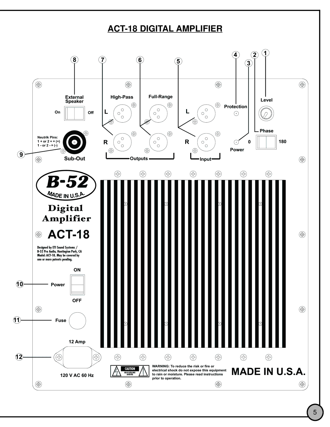 ETI Sound Systems, INC ACT18 manual ACT-18 Digital Amplifier 