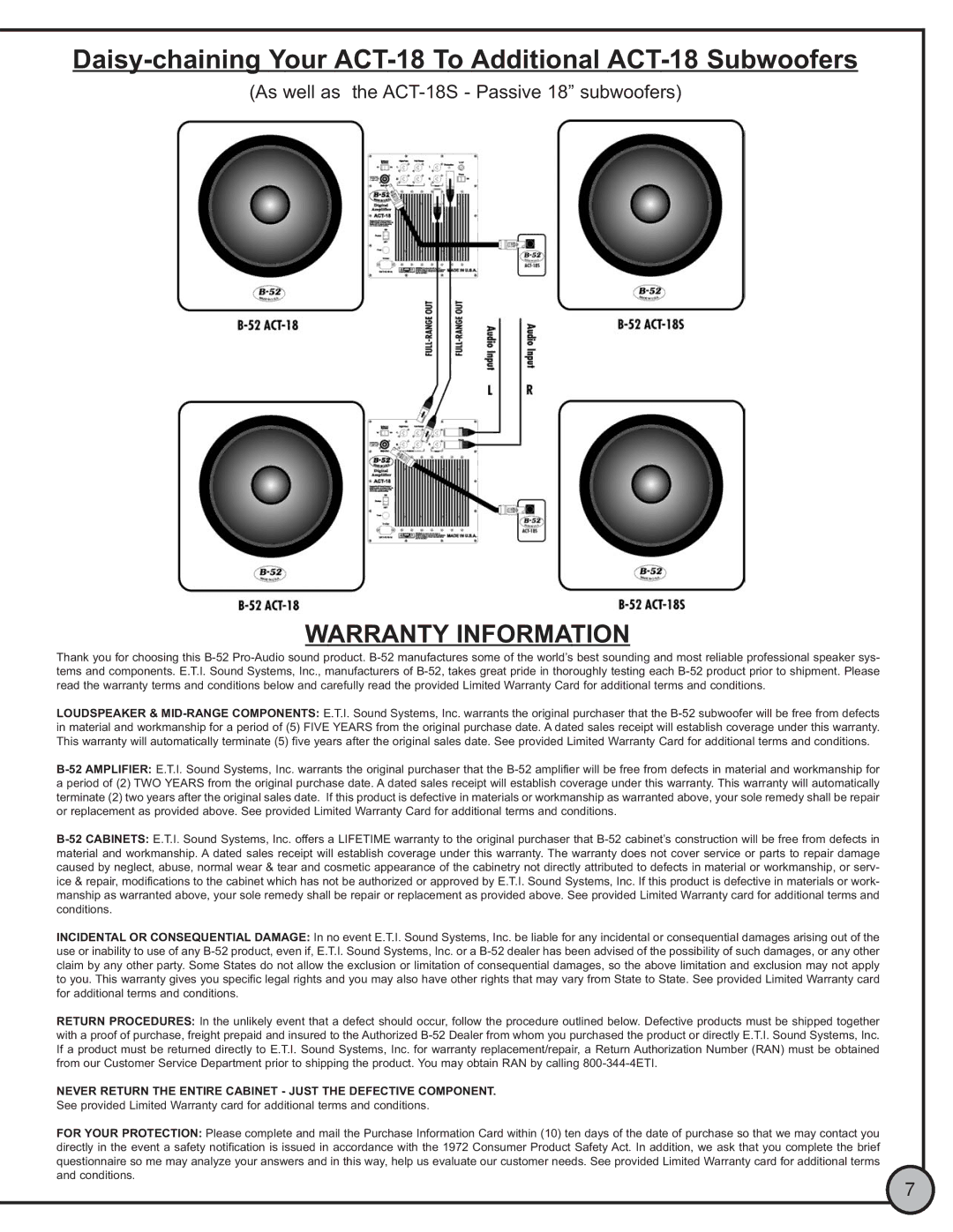 ETI Sound Systems, INC ACT18 manual Daisy-chaining Your ACT-18 To Additional ACT-18 Subwoofers, Warranty Information 