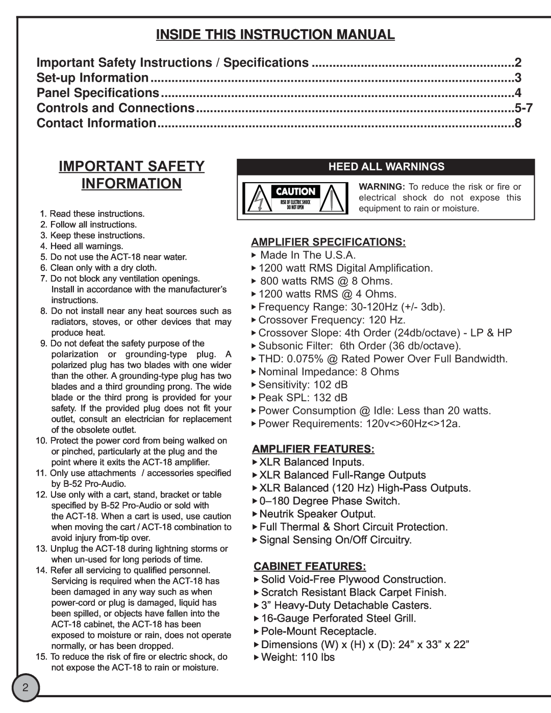 ETI Sound Systems, INC ACT18 Important Safety Information, Set-upInformation, Panel Specifications, Contact Information 