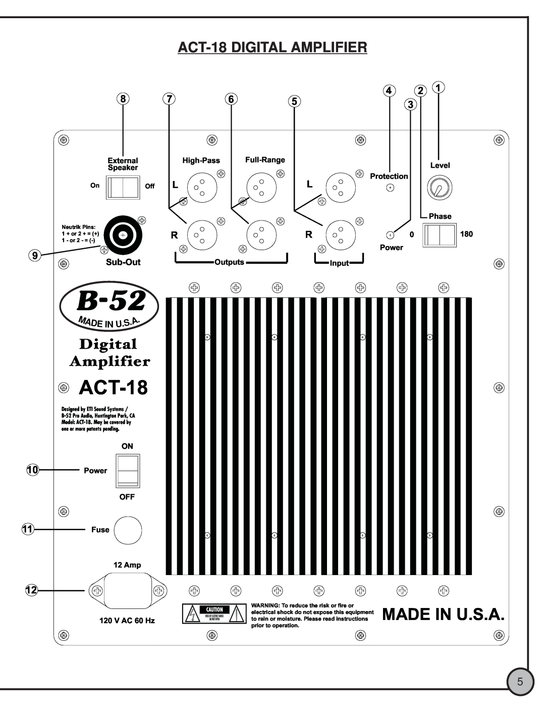 ETI Sound Systems, INC ACT18 manual ACT-18DIGITAL AMPLIFIER, B-52, Made In U.S.A, Digital, Amplifier 
