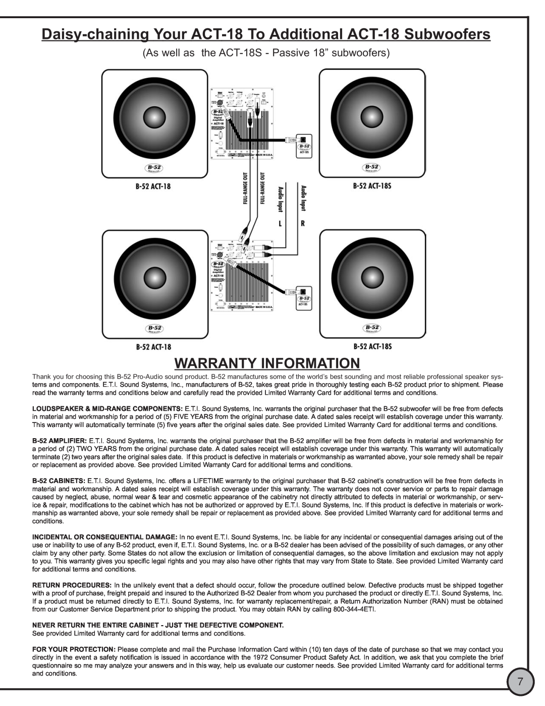 ETI Sound Systems, INC ACT18 manual Warranty Information, As well as the ACT-18S- Passive 18” subwoofers 