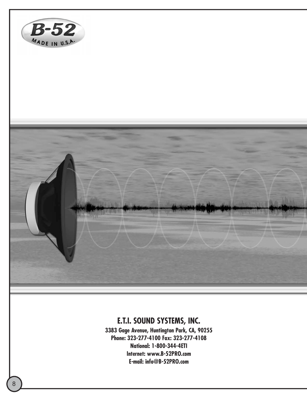 ETI Sound Systems, INC ACT18 manual E.T.I. Sound Systems, Inc, Gage Avenue, Huntington Park, CA 