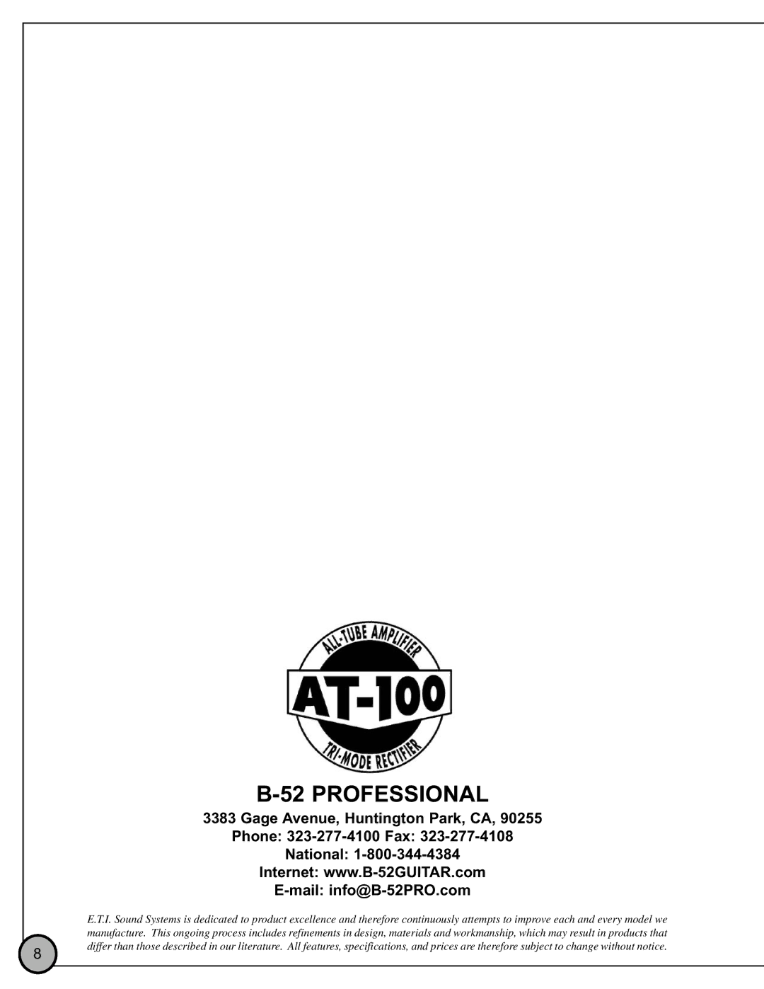 ETI Sound Systems, INC AT-100 specifications Professional 