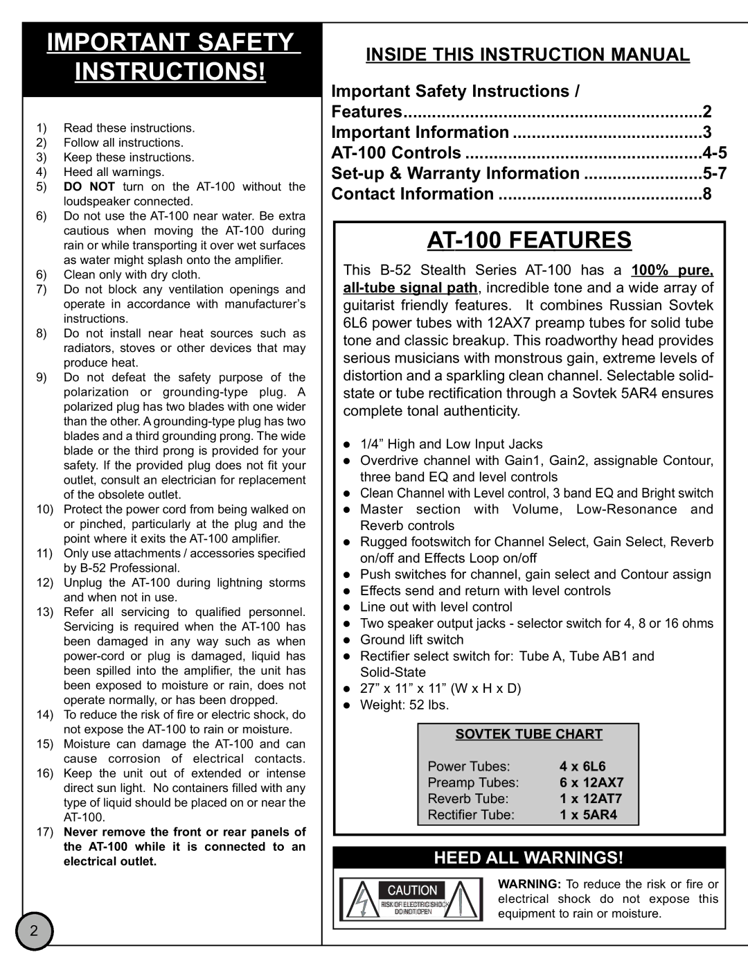 ETI Sound Systems, INC AT-100 specifications Important Safety Instructions 