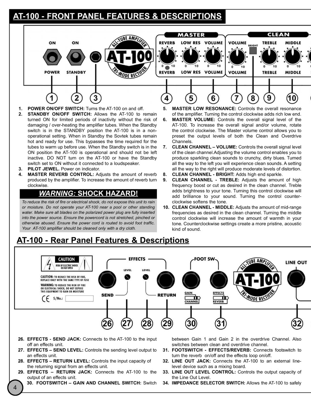 ETI Sound Systems, INC specifications AT-100 Front Panel Features & Descriptions 