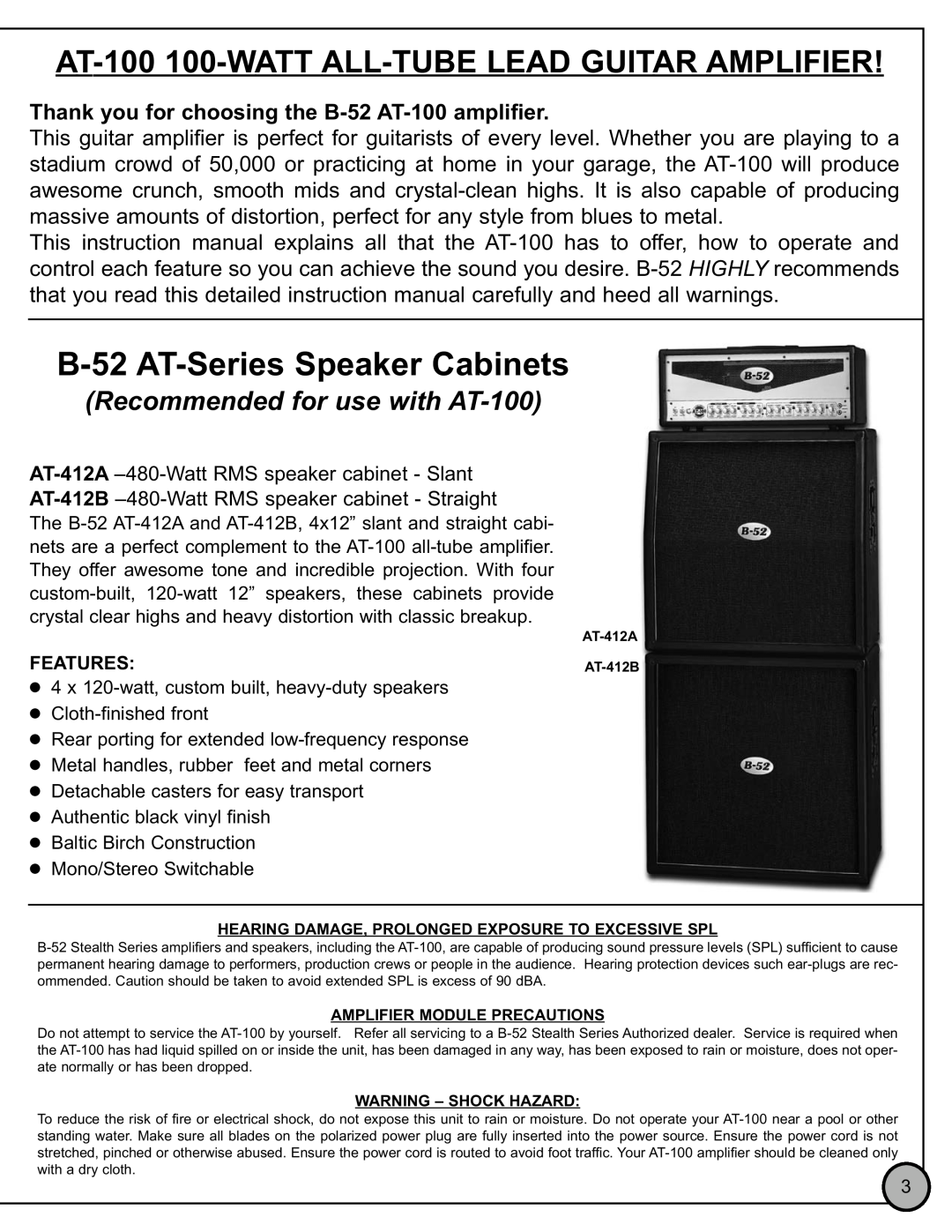 ETI Sound Systems, INC Thank you for choosing the B-52 AT-100amplifier, Features, B-52 AT-SeriesSpeaker Cabinets 
