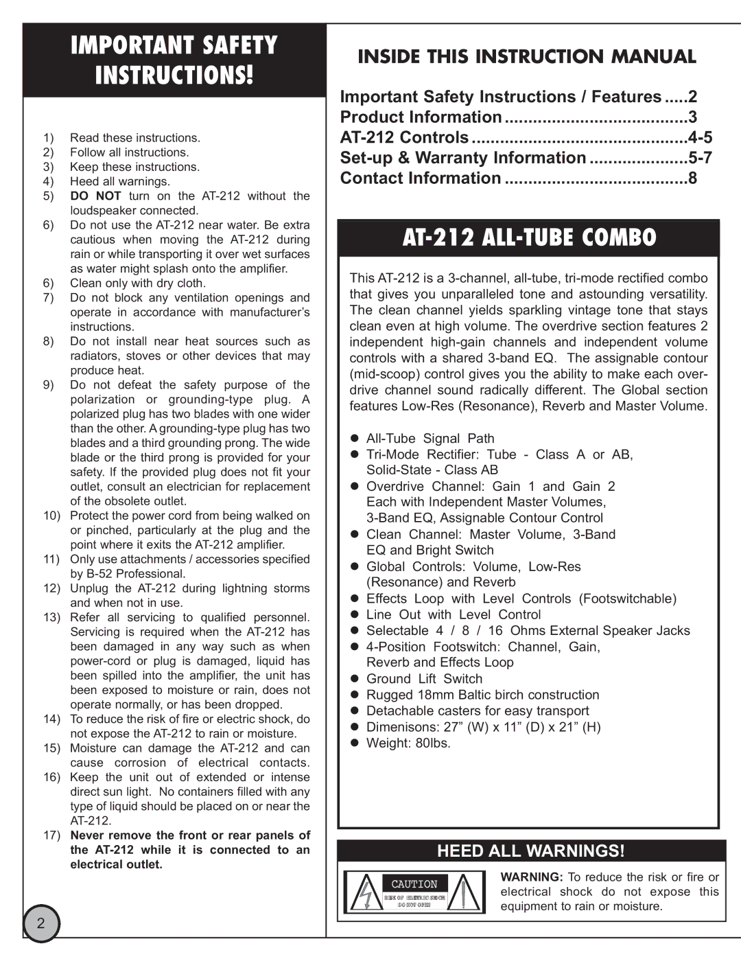 ETI Sound Systems, INC manual Important Safety Instructions, AT-212 ALL-TUBE Combo 