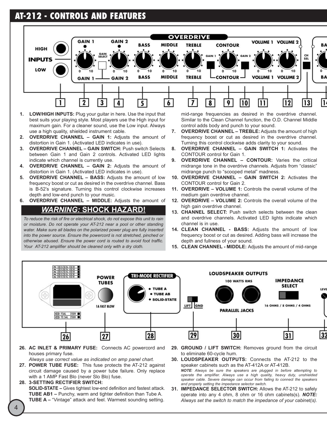 ETI Sound Systems, INC manual Warning: Shock Hazard, AT-212- CONTROLS AND FEATURES 