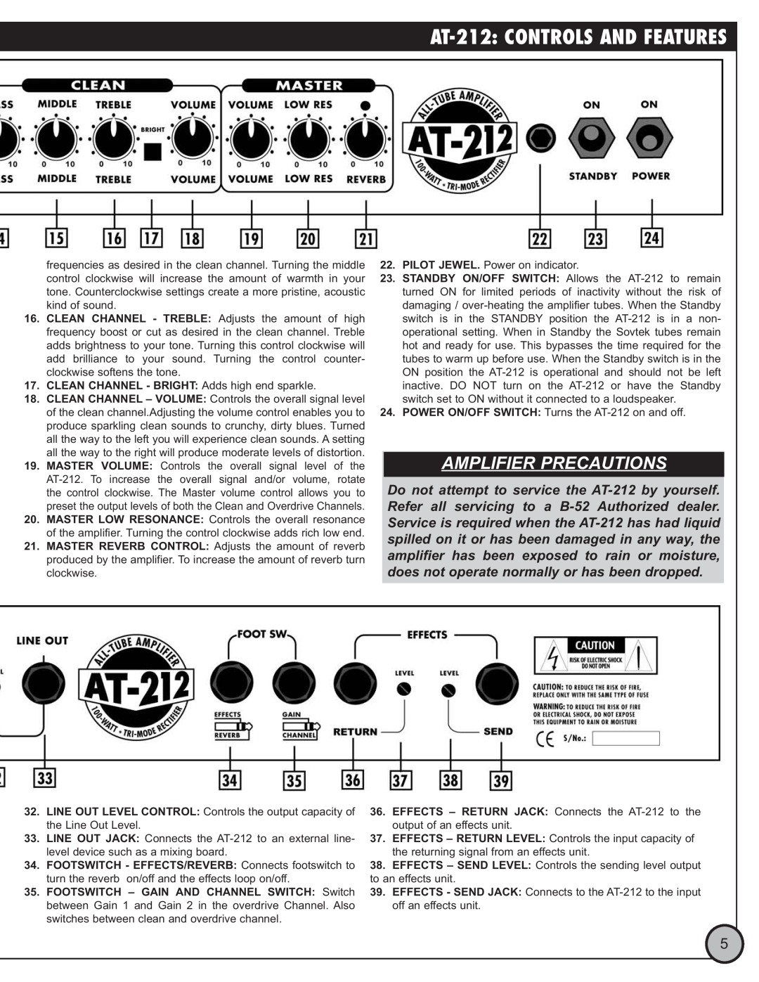 ETI Sound Systems, INC manual AT-212 CONTROLS AND FEATURES, Amplifier Precautions 