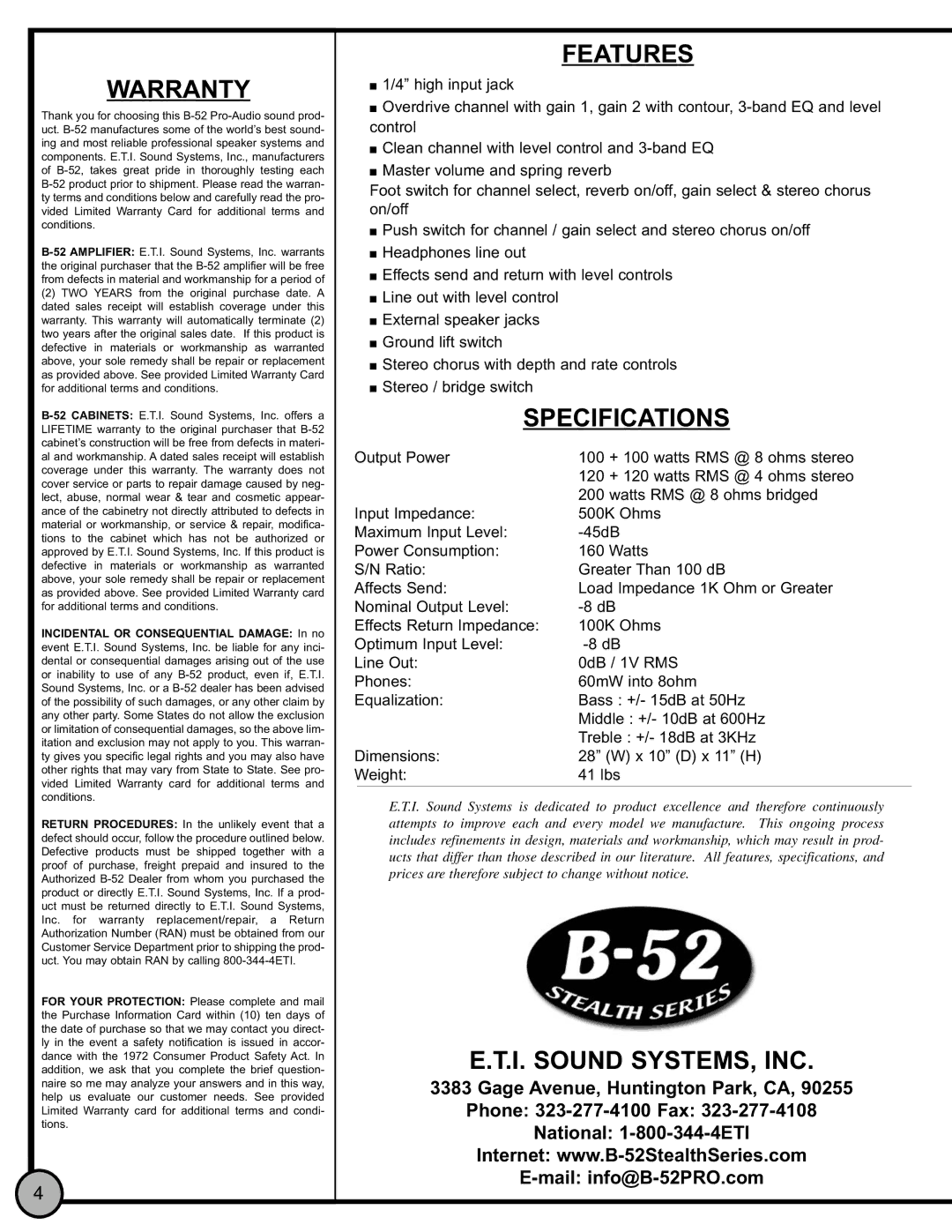 ETI Sound Systems, INC LG-200AS manual Warranty, Features, Specifications, I. Sound SYSTEMS, INC 