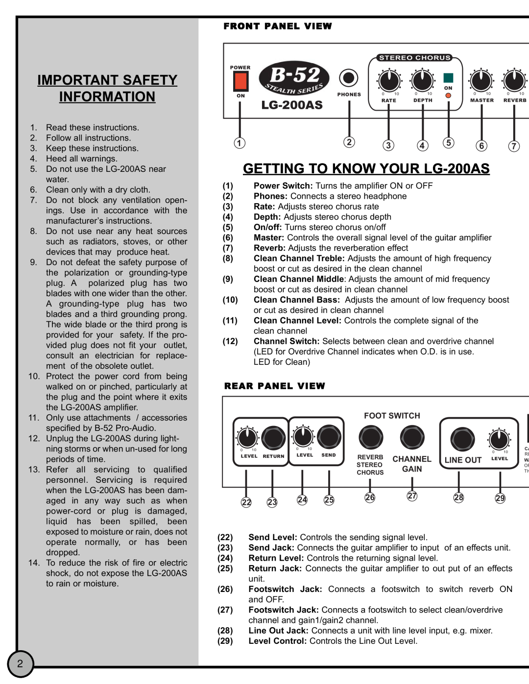 ETI Sound Systems, INC manual Important Safety Information, GETTING TO KNOW YOUR LG-200AS, Foot Switch, Line Out 