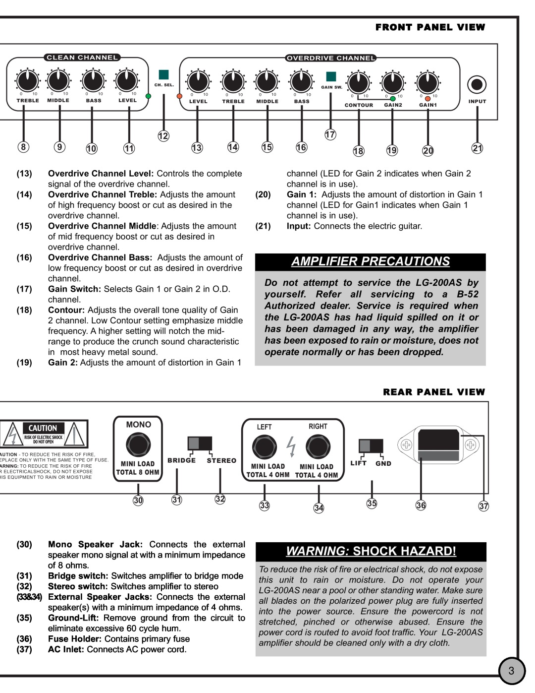 ETI Sound Systems, INC LG-200AS manual Amplifier Precautions, Warning Shock Hazard 