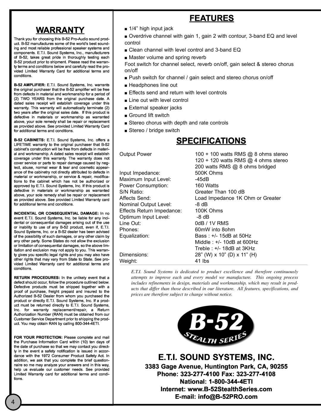 ETI Sound Systems, INC LG-200AS manual Warranty, Features, Specifications, E.T.I. Sound Systems, Inc 